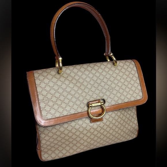 Celine Handbags - CELINE Kelly Macadam Pattern Elegant Tan and Brown Handbag, Pre-loved.